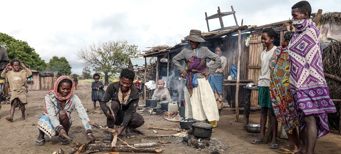 Des marchands coupent du bois de chauffage sur un marché à Ambovombe à Madagascar.