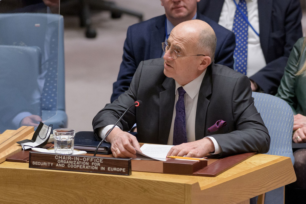 El Ministro de Relaciones Exteriores Zbigniew Rau, de Polonia, Presidente en ejercicio de la Organización para la Seguridad y la Cooperación en Europa, informa a los miembros del Consejo de Seguridad de las Naciones Unidas.