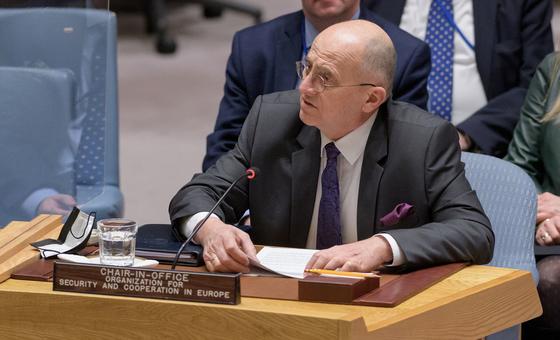 Foreign Minister Zbigniew Rau of Poland, Chairperson-in-Office of the Organization for Security and Cooperation in Europe, briefs UN Security Council members.
