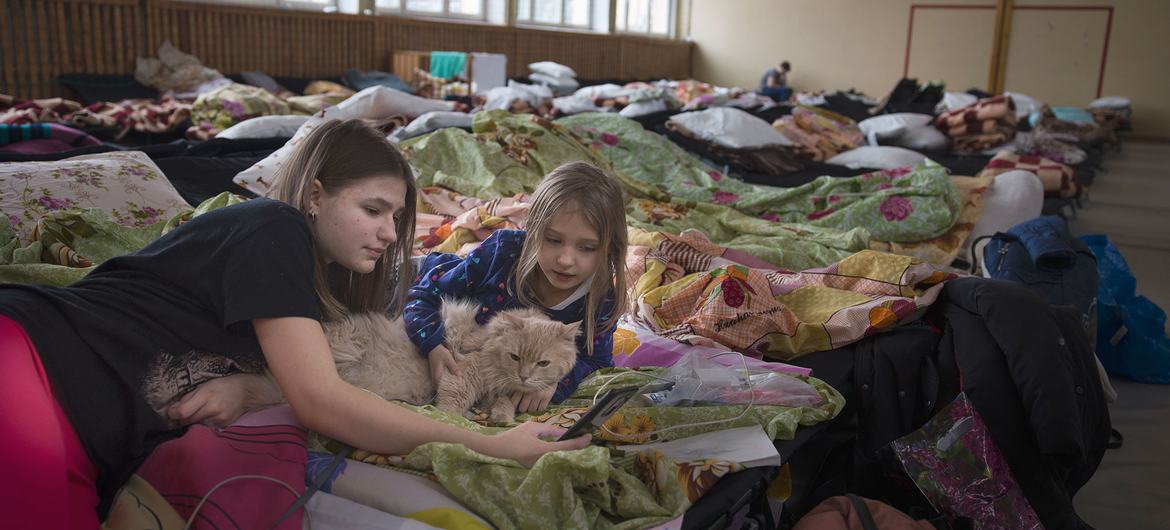 People who have fled Ukraine stay in a temporary shelter near Lublin in Poland.