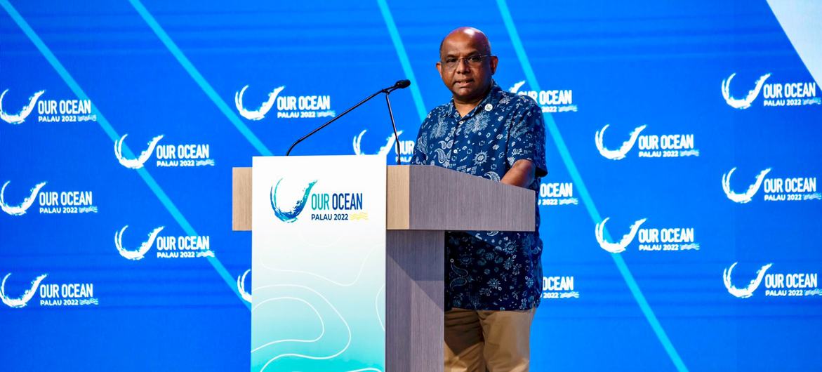 President of General Assembly Abdulla Shahid addresses a speech at the ocean conference in Palau.