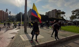 People protesting during the national strike in Colombia 2021.