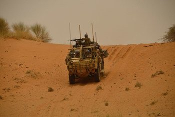 British Army driver and UN peacekeeper, Trooper Jack Drake pilots a Jackal 2 vehicle on patrol in the Gao region of Mali.
