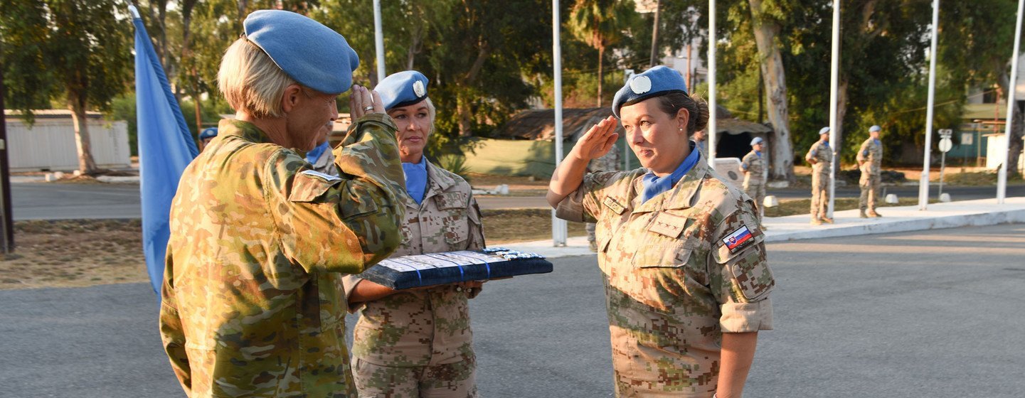 Female Slovakian peacekeepers being awarded for their contributions during a medal parade ceremony to the UN Peacekeeping Force in Cyprus (UNFICYP). Female Slovakian peacekeepers being awarded for their contributions during a medal parade ceremony to the UN Peacekeeping Force in Cyprus (UNFICYP).