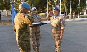 Female Slovakian peacekeepers being awarded for their contributions during a medal parade ceremony to the UN Peacekeeping Force in Cyprus (UNFICYP).