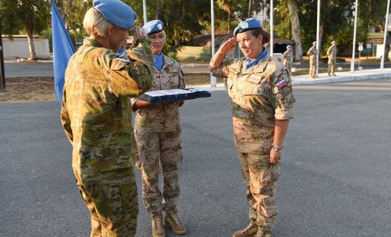 Female Slovakian peacekeepers being awarded for their contributions during a medal parade ceremony to the UN Peacekeeping Force in Cyprus (UNFICYP).