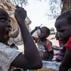 Children in Fangak county, Jonglei State eat a cooked meal of sorghum. WFP provides food rations to food insecure families containing sorghum, oil, salt, peas and maize. .South Sudan 20 January 2022.