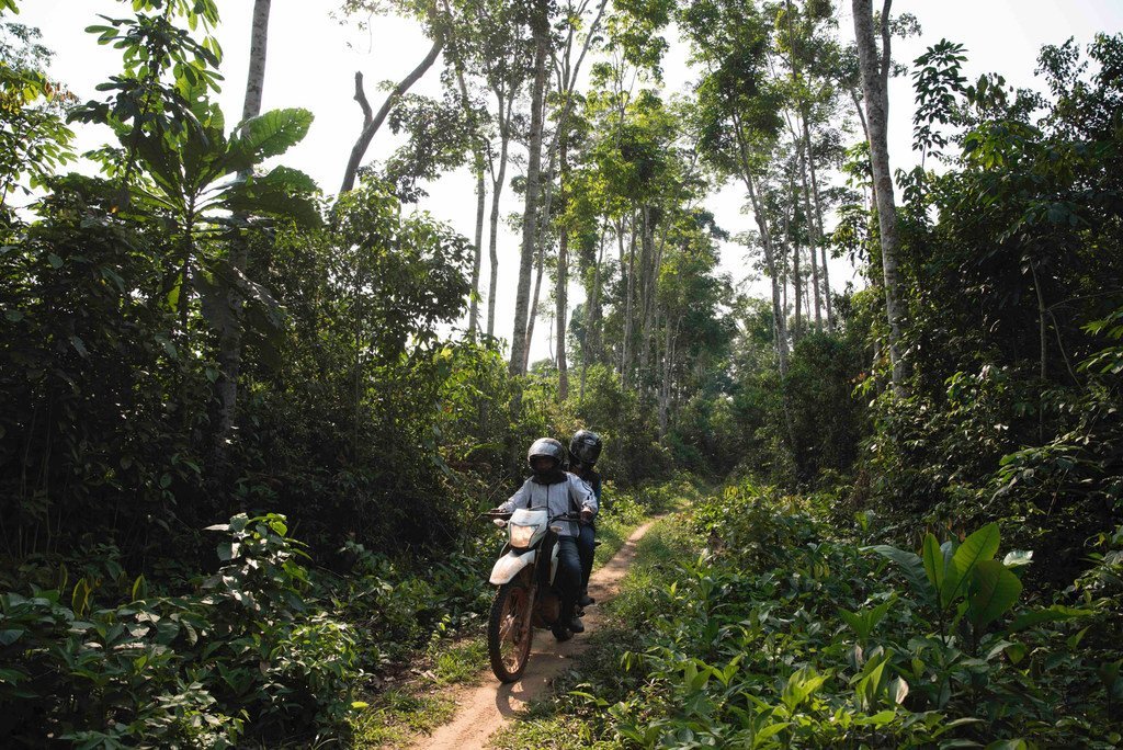 世界卫生组织流行病学家玛丽·罗斯琳·达尼卡·贝利泽尔（Marie-Roseline Darnycka Bélizaire）骑着摩托车在刚果民主共和国伊蒂波（Itipo）附近的森林中穿行，对接触者进行后续访问。