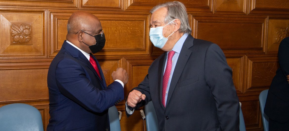 Secretary-General António Guterres (right) meets with Abdulla Shahid, President-elect of the Seventy-sixth Session of the United Nations General Assembly.