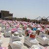 Food supplies are lined up for distribution to people facing hunger and in need of humanitarian assistance in Herat in western Afghanistan. 