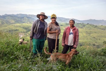 Uma mãe e duas filhas que trabalham em fazenda familiar em São Paulo, Brasil.