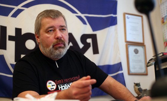 Dmitry Muratov, Russian journalist and 2021 Nobel Peace Prize laureate in his office as Editor-in-Chief of Novaya Gazeta
