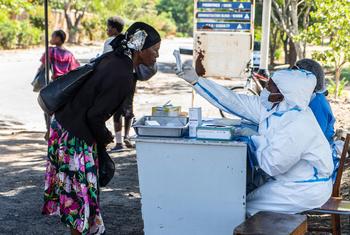 一名妇女在进入津巴布韦布拉瓦约的一家医院前接受体温检查。