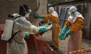 在这张拍摄于2015年的照片中，西非暴发了埃博拉疫情，在几内亚的科纳克里，一名卫生工作者正往同事戴着手套的双手上喷洒消毒液。 