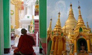 缅甸仰光的佛寺与正在冥想的僧侣。（2013年5月图片）