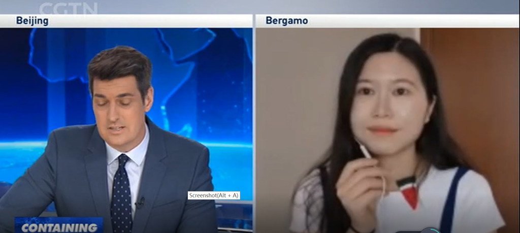 贝加莫居民、来自中国长沙的女孩Genie正在做直播连线，向媒体描述当地疫情