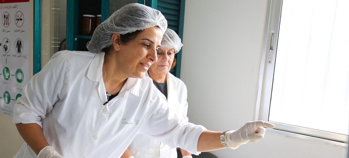 Samira Zoughaib Akiki, Ketua Koperasi Al Atayeb, memilih apel segar untuk diolah. 