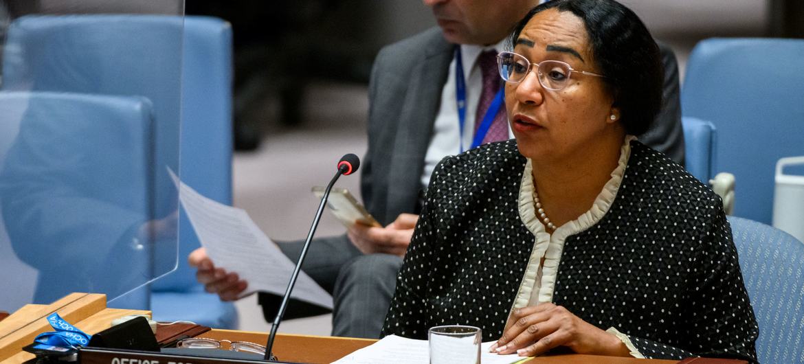 Ghada Mudawi, Acting Director of Operations and Advocacy for the UN Office for the Coordination of Humanitarian Affairs (OCHA), addresses the Security Council meeting on the situation in Yemen.