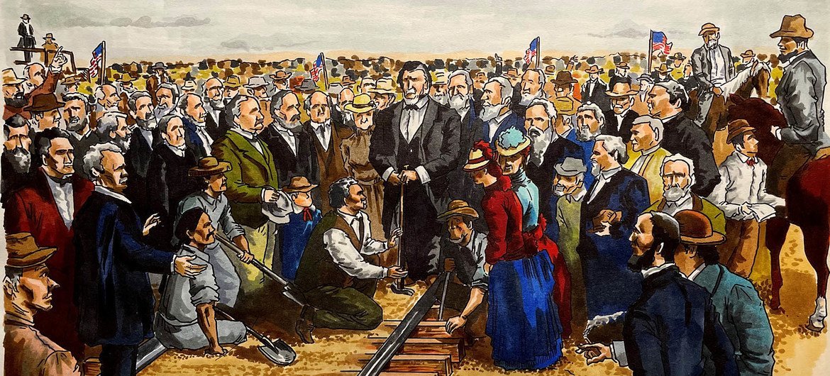 《金钉》 1869年5月10日，第一条横贯东西的大铁路合拢仪式在普罗蒙特里举行，CP公司董事长斯坦福敲下最后一根金钉。电报发送到华盛顿，全美国庆祝。