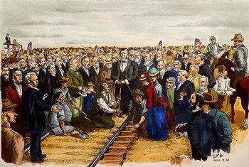 《金钉》 1869年5月10日，第一条横贯东西的大铁路合拢仪式在普罗蒙特里举行，CP公司董事长斯坦福敲下最后一根金钉。电报发送到华盛顿，全美国庆祝。