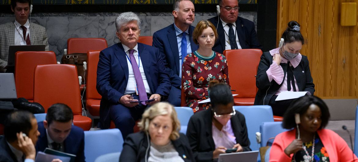 Miroslav Jenča (left, 2nd row), Assistant Secretary-General for Europe, Central Asia and the Americas for the Departments of Political and Peacebuilding Affairs and Peace Operations, attends Thursday's UN Security Council meeting on threats to internation