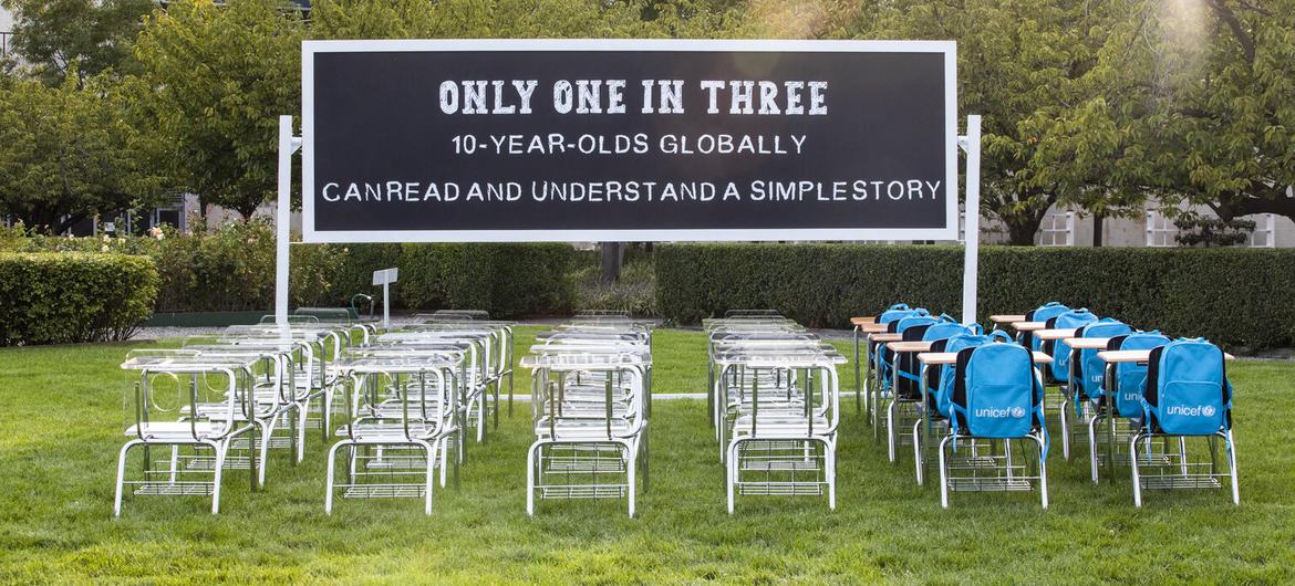 A view of UNICEF's Learning Crisis Classroom installation at UN Headquarters in New York, September 2022.