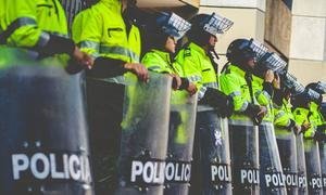 Riot police during anti-government protests in Bogotá, Colombia.