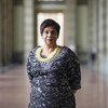 Nazhat Shameem Khan, Ambassadrice des Fidji auprès de l’Office des Nations Unies à Genève dans la salle des pas perdus du Palais des Nations. Mme Khan a été élue Présidente du Conseil des droits de l’homme pour 2021.
