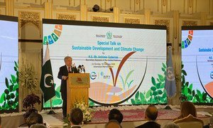 Secretary-General António Guterres delivers an address at a 'Special Talk on Sustainable Development and Climate Change', in Islamabad, Pakistan.