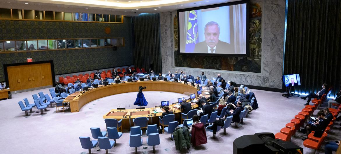 A wide view of the Security Council meeting on cooperation between the United Nations and the Collective Security Treaty Organization. On screen is Secretary-General Stanislav Zas of the CSTO.