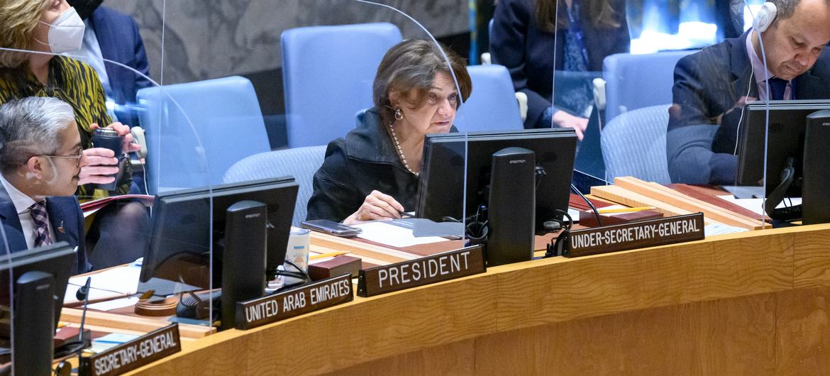 Rosemary DiCarlo, Secrétaire générale adjointe aux affaires politiques et à la consolidation de la paix, informe la réunion du Conseil de sécurité sur la situation en Libye.UN Photo/Loey Felipe