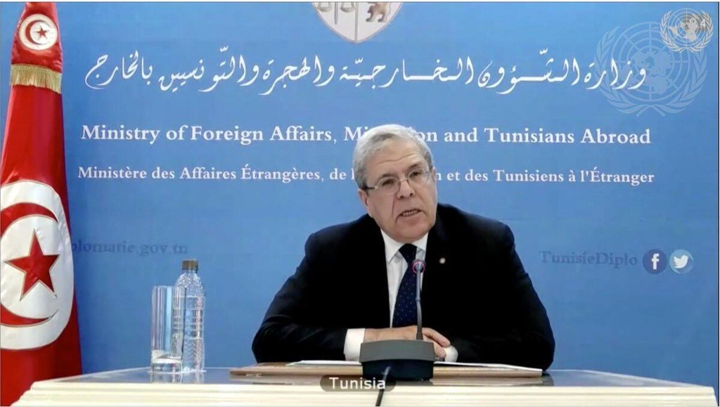 عثمان الجرندي، وزير الخارجية والهجرة والتونسيين بالخارج التونسي، يلقي كلمة أمام النقاش المفتوح لمجلس الأمن حول الوضع في الشرق الأوسط، بما في ذلك القضية الفلسطينية.