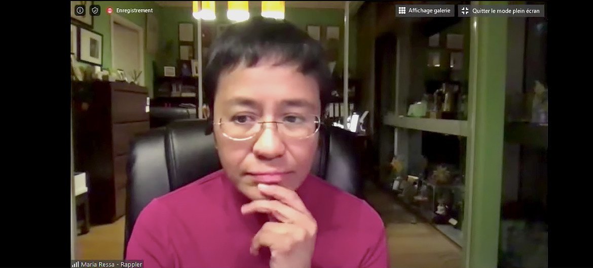 A screenshot of Maria Ressa during a UNESCO online dialogue on press freedom in 2020.