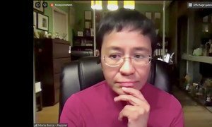 A screenshot of Maria Ressa during a UNESCO online dialogue on press freedom. (May 4, 2020)