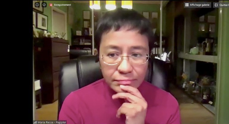 A screenshot of Maria Ressa during a UNESCO online dialogue on press freedom. (May 4, 2020)