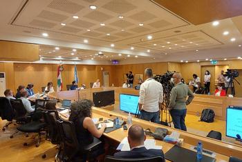 المنسقة المقيمة ومنسقة الشؤون الإنسانية للأمم المتحدة في لبنان السيدة نجاة رشدي في مؤتمر صحفي في بيروت.