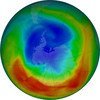 A September 2019 visualization of the ozone layer over the Antarctic pole. The purple and blue colors show areas of most ozone depletion.
