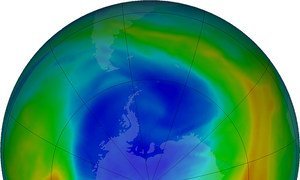 A September 2019 visualization of the ozone layer over the Antarctic pole. The purple and blue colors show areas of most ozone depletion.