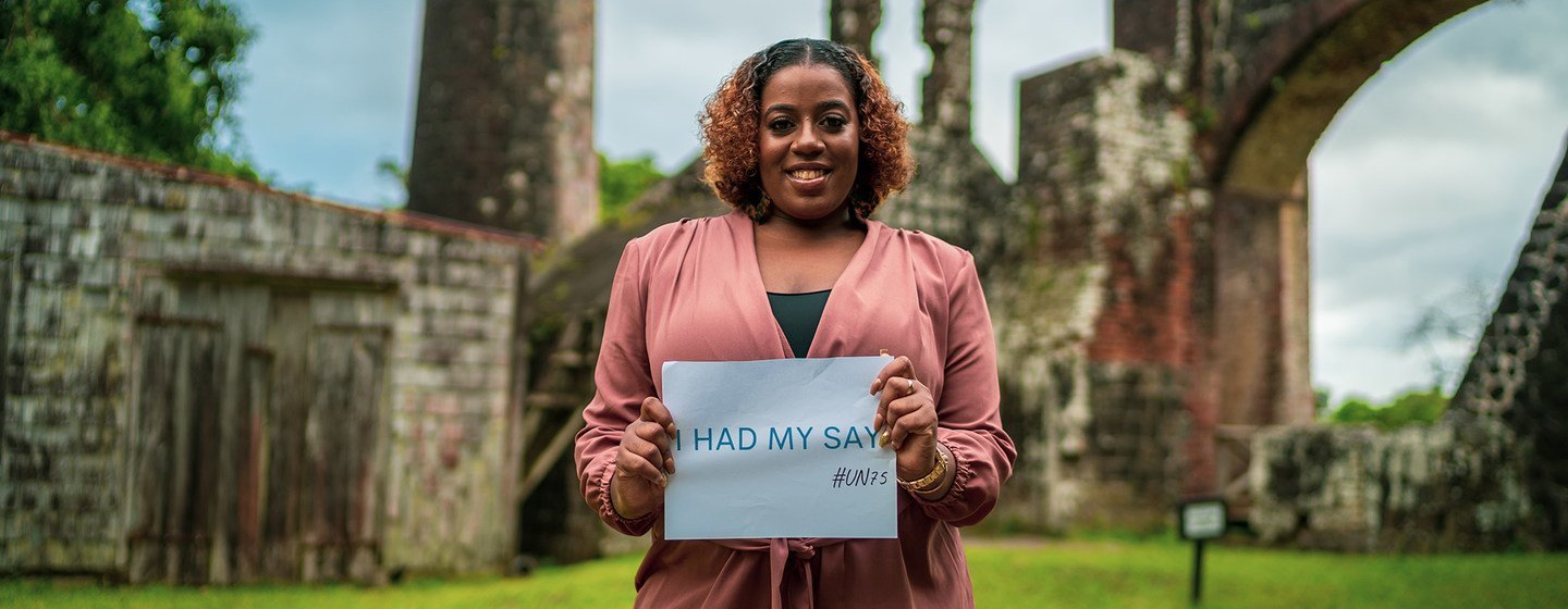 A young woman from St. Kitts and Nevis in the Caribbean completed a UN survey about her hopes and futures for the future.