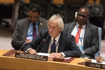 الممثل الخاص للأمين العام لجنوب السودان ورئيس بعثة الأمم المتحدة في جنوب السودان نيكولاس هايسوم يقدم إحاطة لمجلس الأمن.