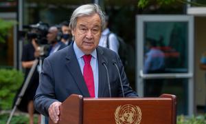 Secretary-General António Guterres makes remarks during the Peace Bell ceremony held at UN headquarters in observance of the International Day of Peace.