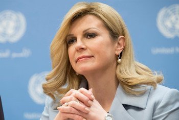 2019年3月12日，克罗地亚总统基塔罗维奇在联合国纽约总部举行的一个记者会上。
