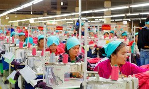 The production floor of an apparel exporting factory in Cambodia.