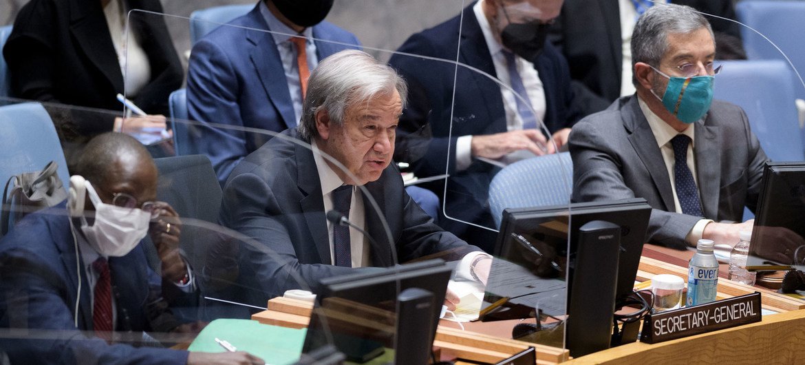 Secretary-General António Guterres addresses UN Security Council members astatine  a gathering  connected  attraction    of planetary   bid    and security.