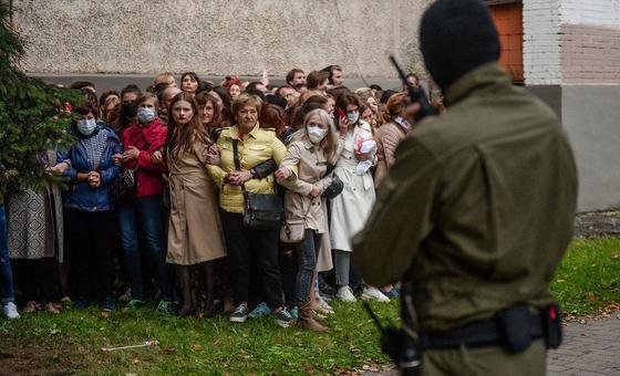 During a protest rally supporting Belarus' opposition leader Maria Kolesnikova, local women resist police attempts to detain them.