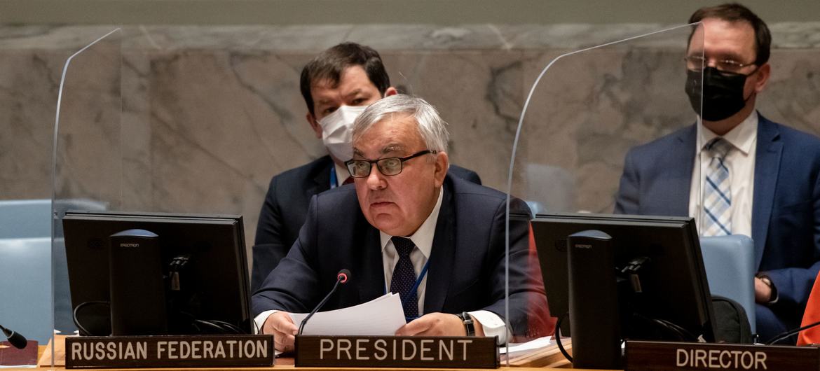 Deputy Minister for Foreign Affairs of Russia Sergey Vershinin, chairs the Security Council meeting on the situation in Ukraine.