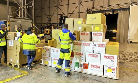 Medical items donated in Italy to fight the coronavirus outbreak are prepared for dispatch to China. 