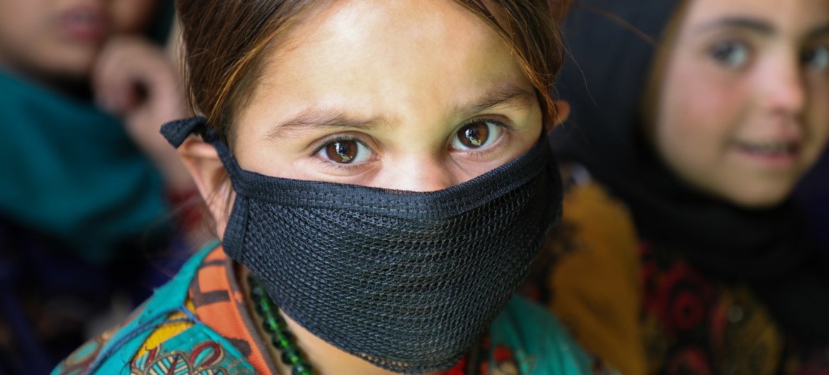 A five-year-old child at a community-based education centre in an IDP camp in Herat province, Afghanistan.