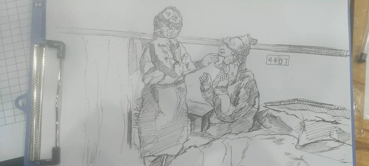 王志红护士长收到病人的一幅画。图中她正在给病人戴口罩，她说这是她收到的最好的礼物。