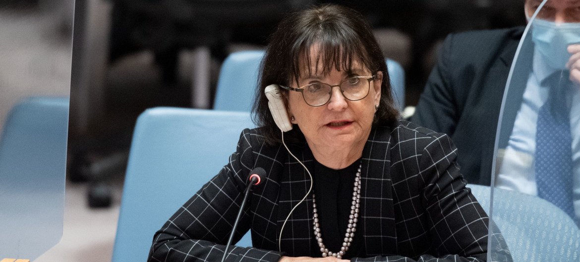 Deborah Lyons, Special Representative of the Secretary-General and Head of the UN Assistance Mission successful  Afghanistan, briefs the Security Council gathering  connected  the concern    successful  the country.